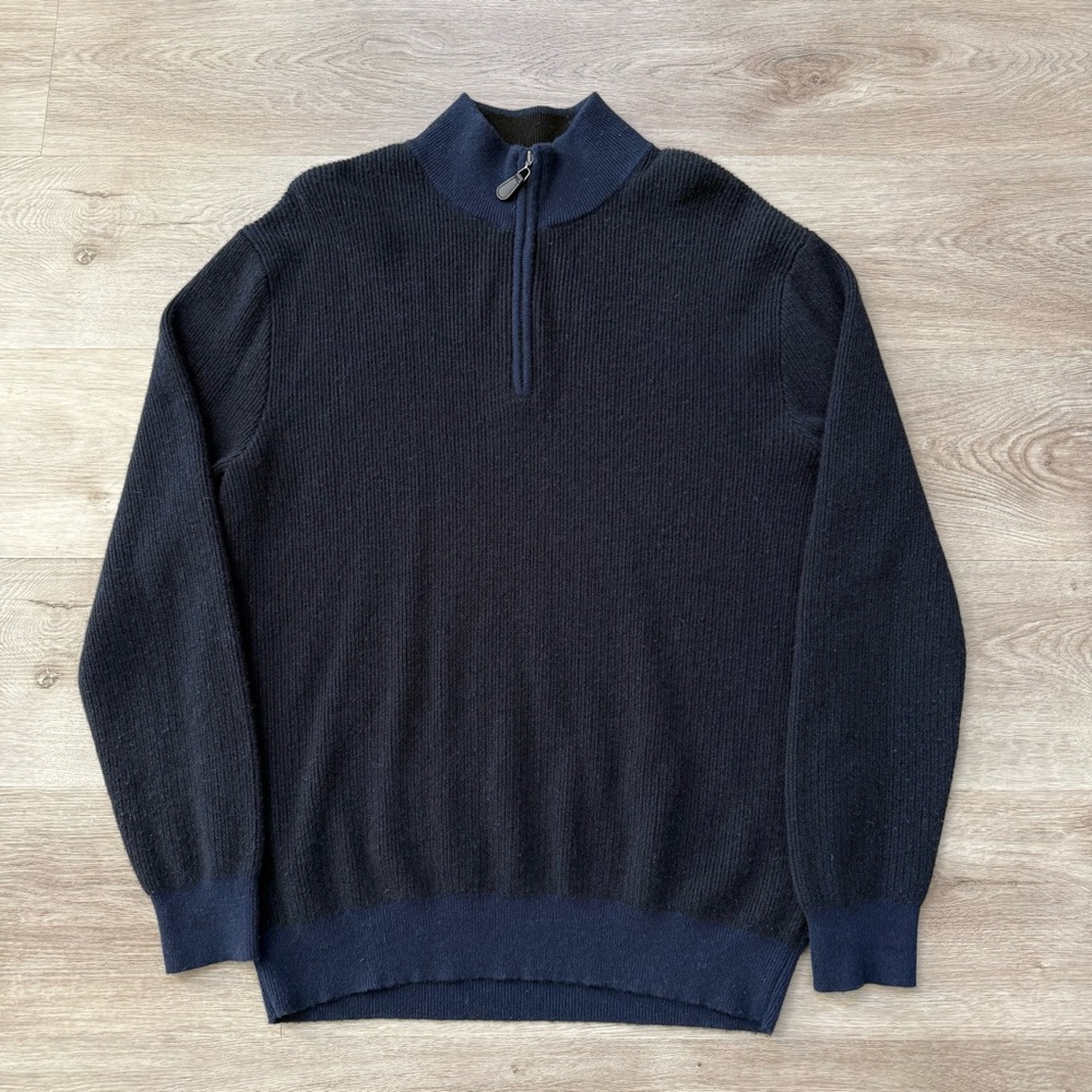 Belford Mens Size Large 100% Cashmere 1/4 Quarter Zip Pullover Sweater Navy Blue
